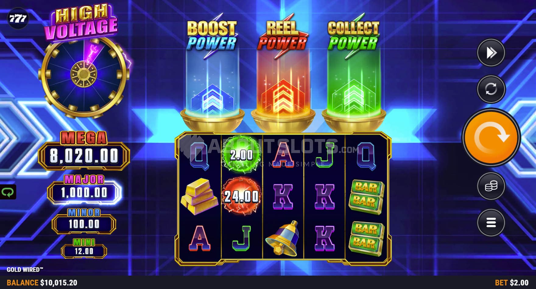 Screenshot of the base game, showing a 5x3 grid on a blue background with hi-tech decorations.