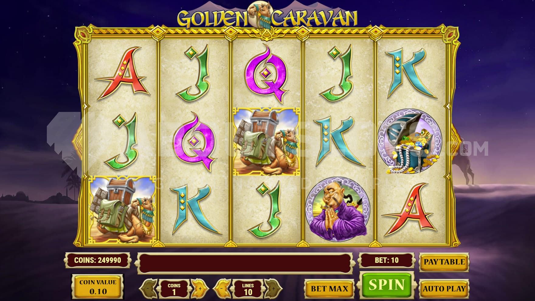 Base Game view of a 5x3 grid in a golden frame on a backdrop of a desert at night.