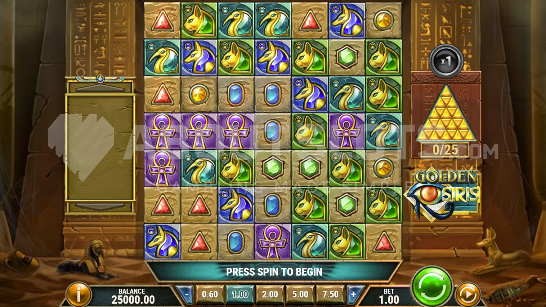 Base Game view of a 7x7 grid on a backdrop of an Ancient Egyptian tomb interior.