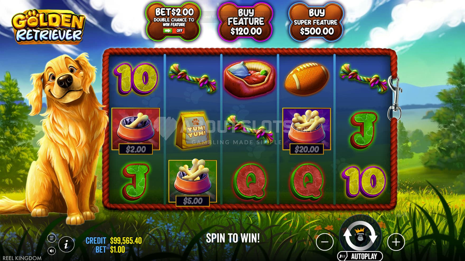 Screenshot of the base game, showing a 5x3 grid on a backdrop of a sunny valley with a golden retriever dog sitting on the left.