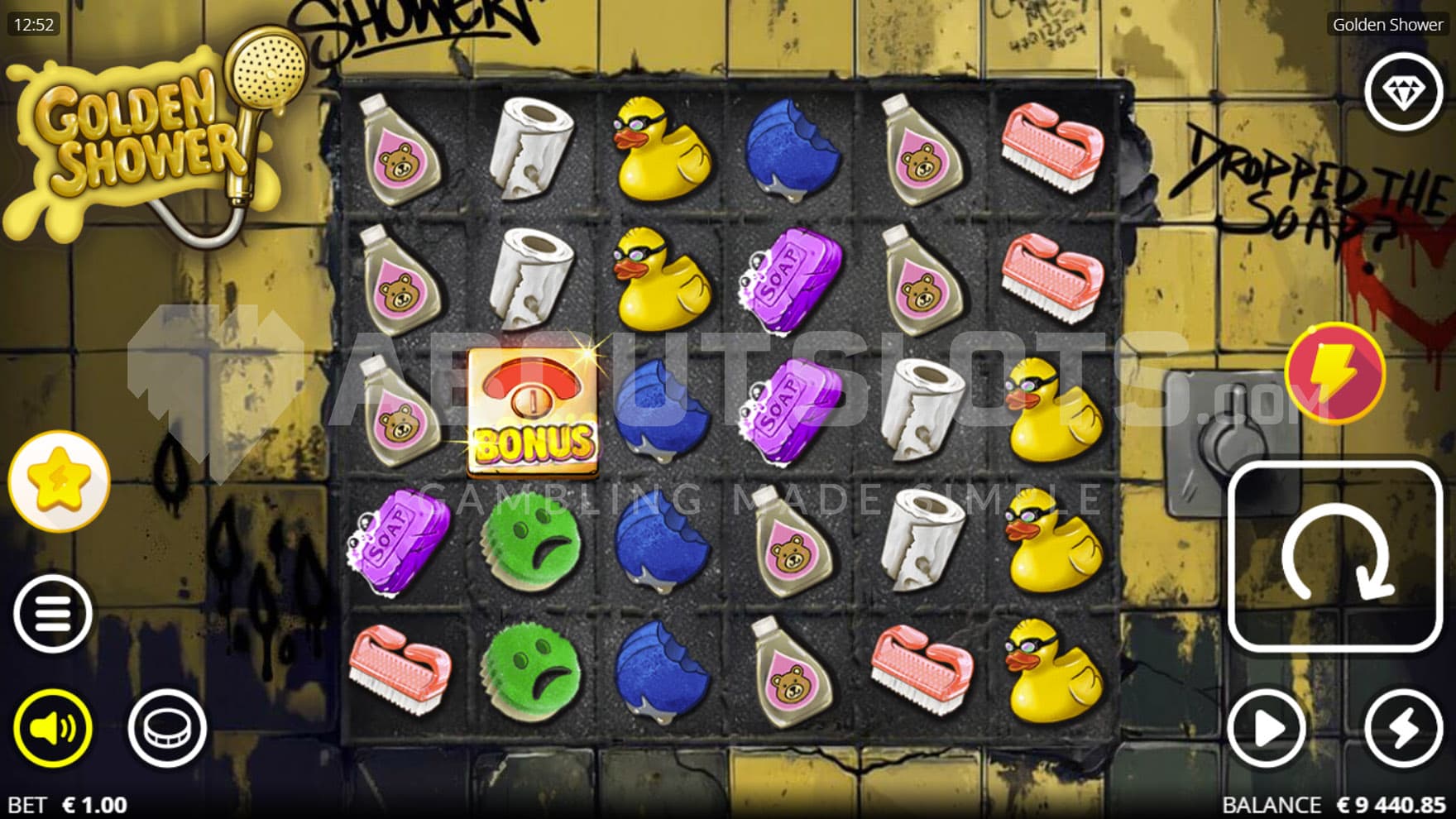 Base Game view of a 6x5 grid on a backdrop of a destitute bathroom wall.