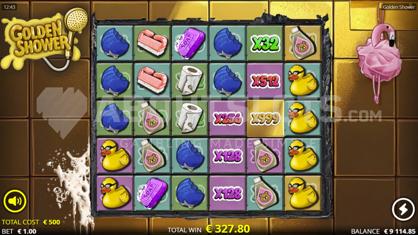 Gold Spins bonus in progress, showing multiple positions with high multipliers.