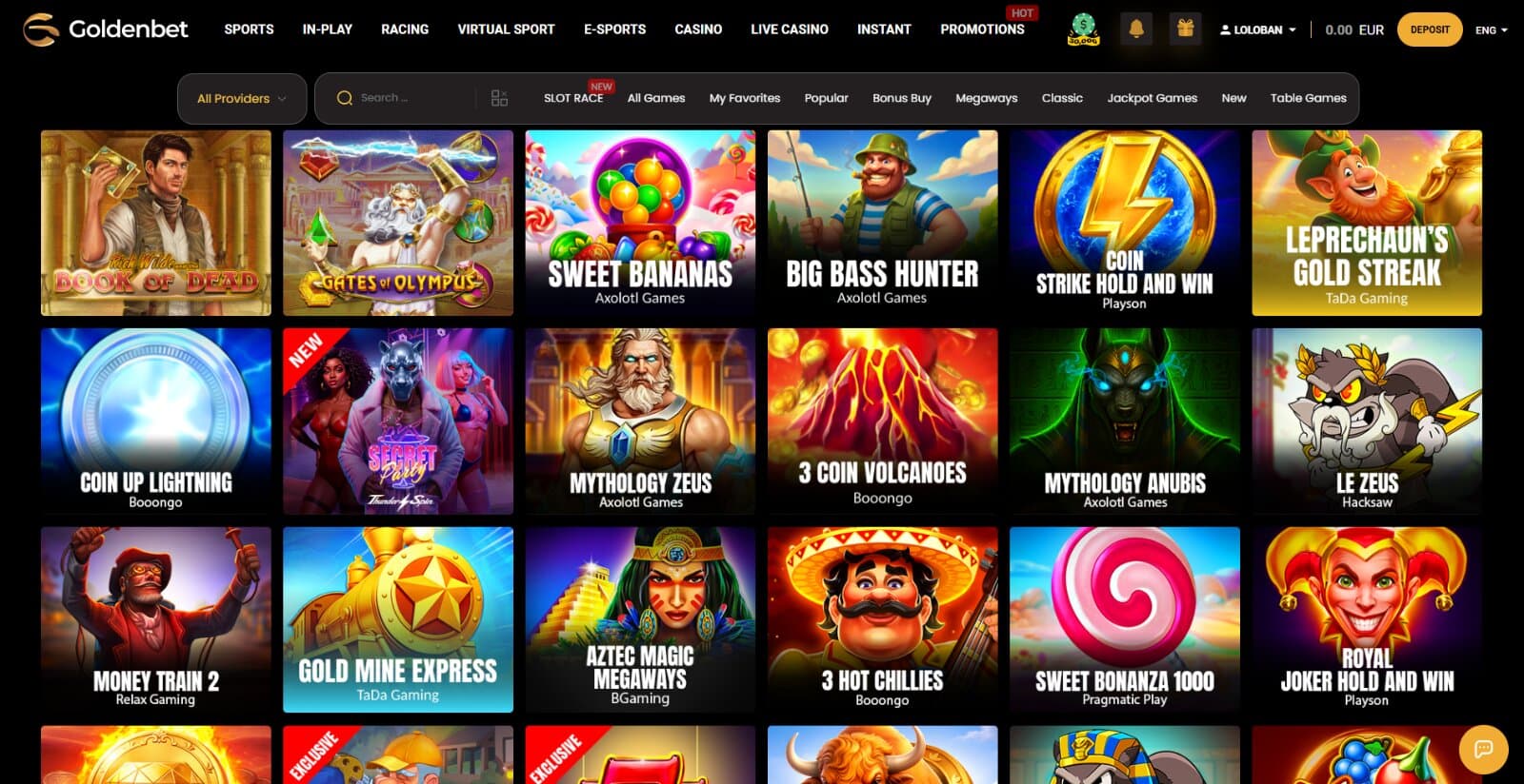 Goldenbet Casino's games page featuring the video slot icons under game collection tabs and search box