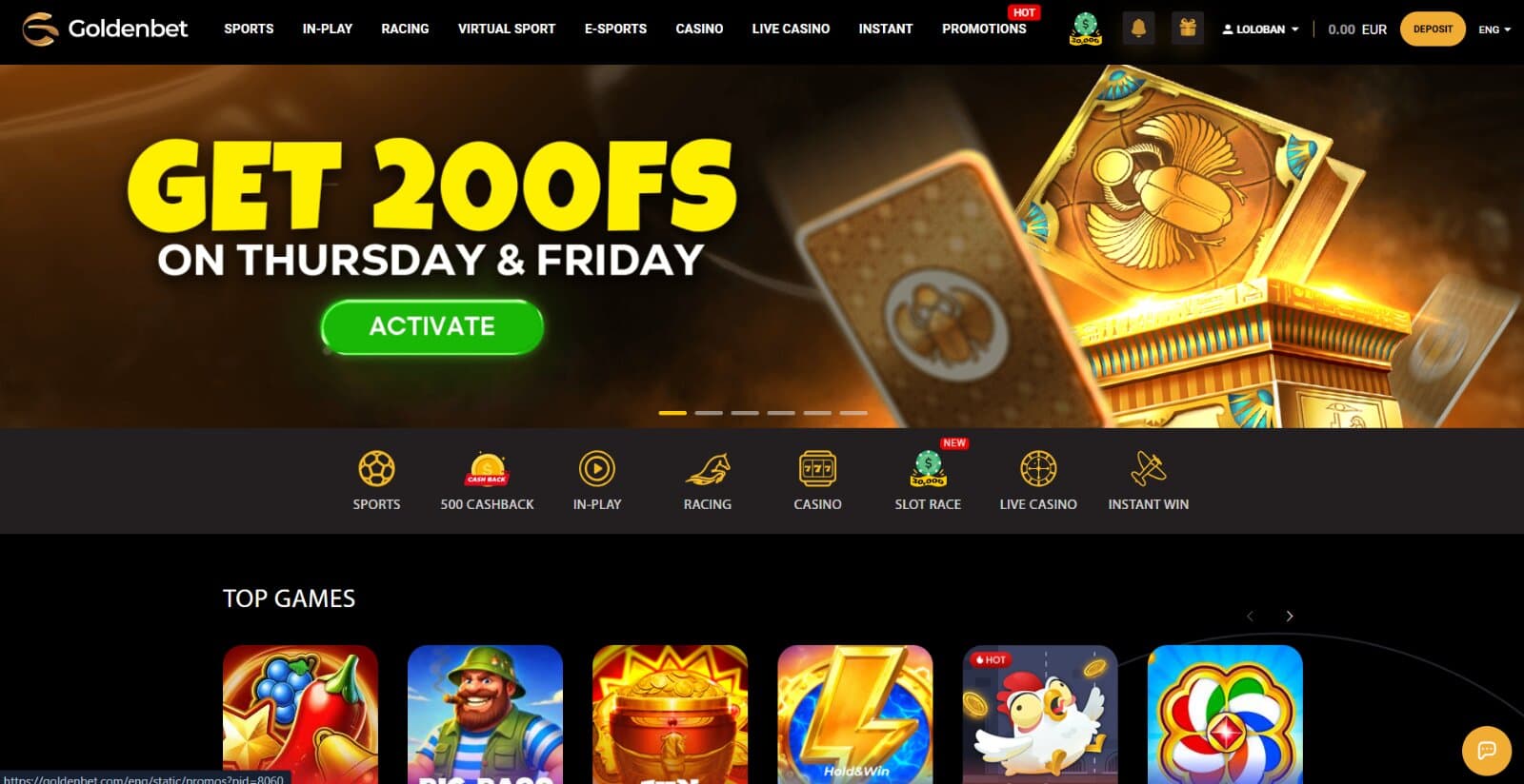 Goldenbet Casino's landing page featuring the 200 free spins promotional banner, horizontal tab menu, and top slot icons