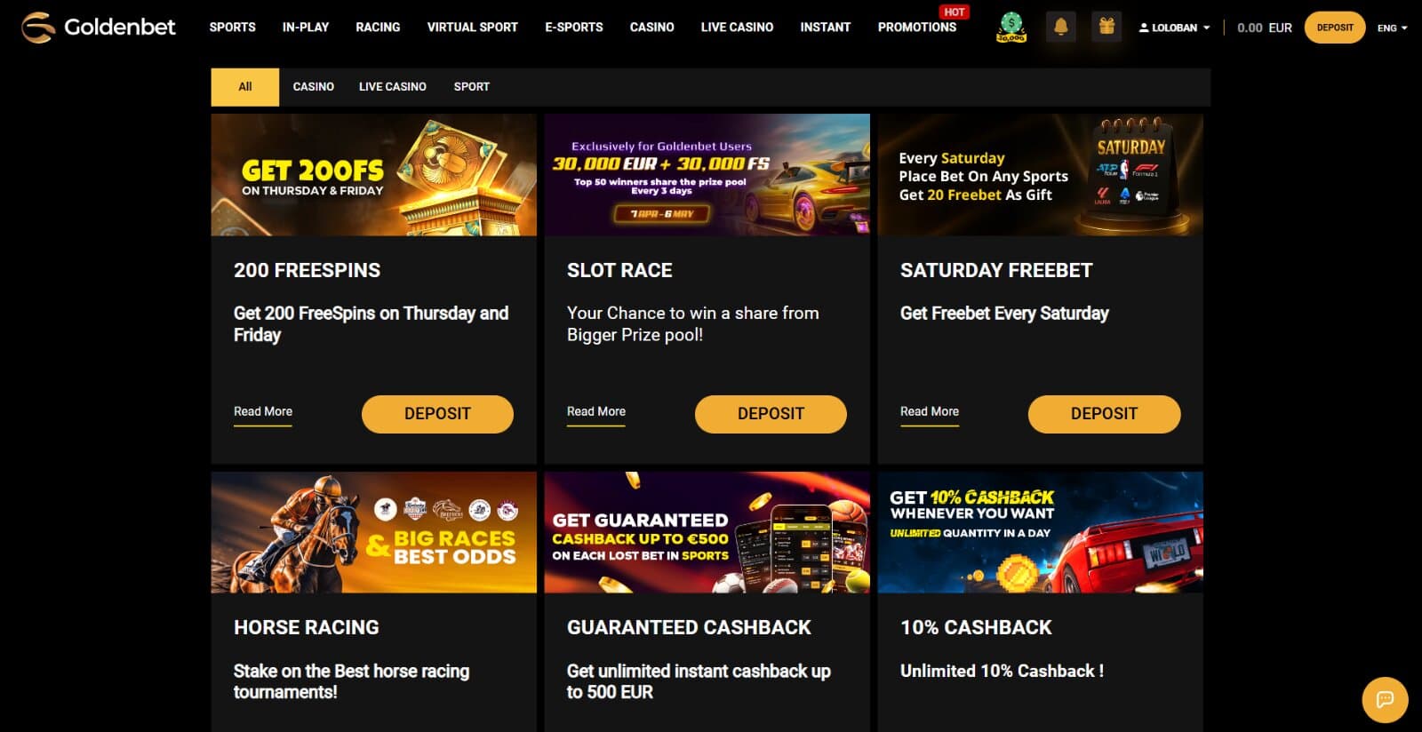 Goldenbet Casino's promotions page featuring the weekly reload bonus, daily 10% cashback bonus, slot tournaments, and sports bonuses