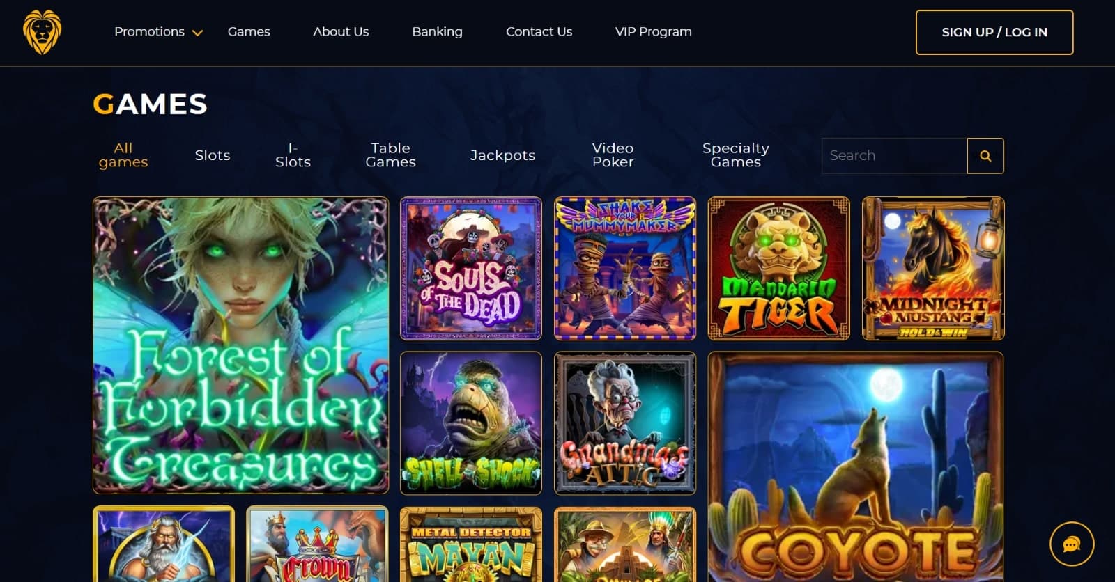 Golden Lion Casino games page featuring all slot, table and jackpot games