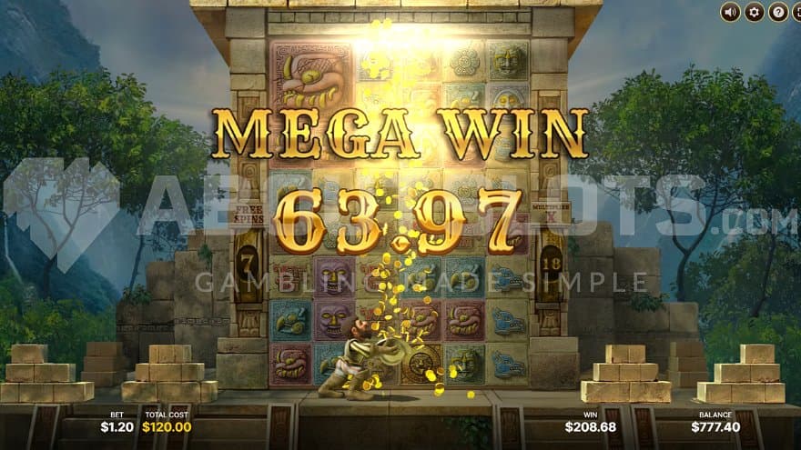 Gonzo collecting gold coins in his hat in front of the reels on a win worth 53.3x the bet.