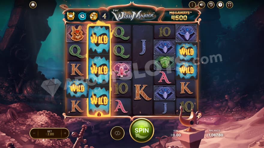 Wild Master Features bonus game with 4 free spins left.