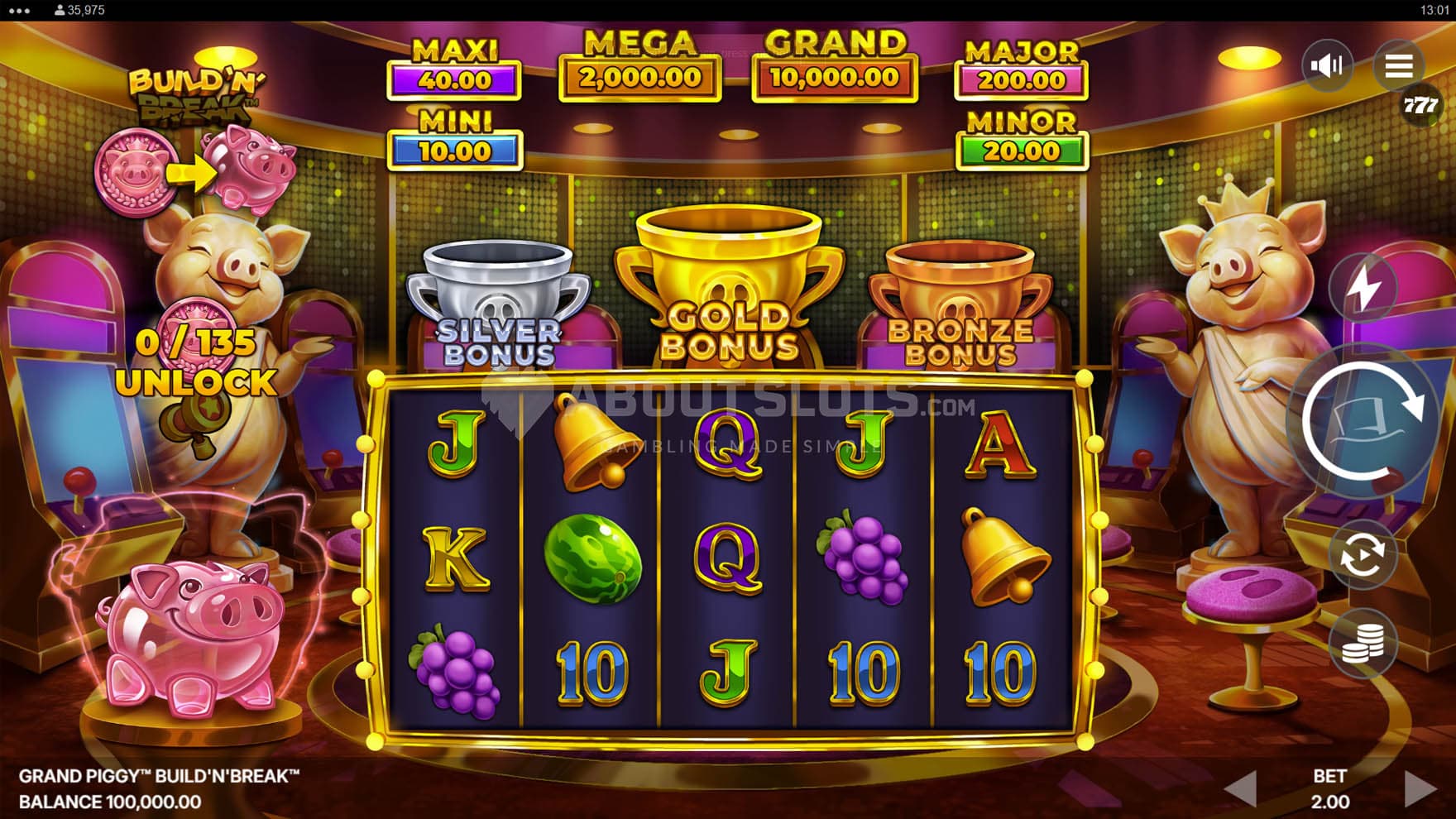 Screenshot of the base game, showing a 5x3 grid on a backdrop of a lavish gambling hall.