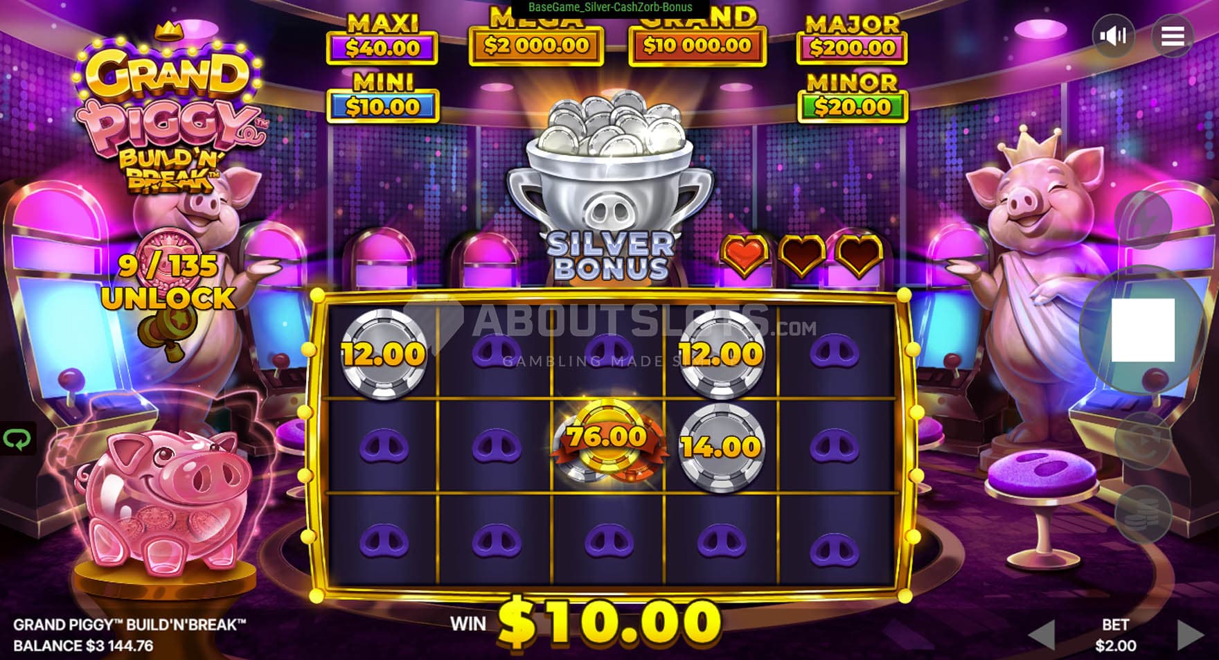 Screenshot of the Silver Bonus in progress, with several cash symbols on the reels.