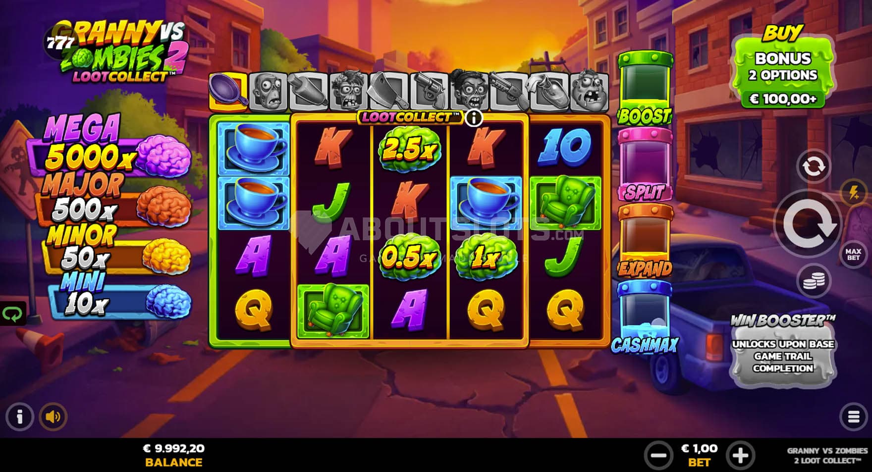 Screenshot of the base game, showing a 5x3 grid on a backdrop of a destroyed city.