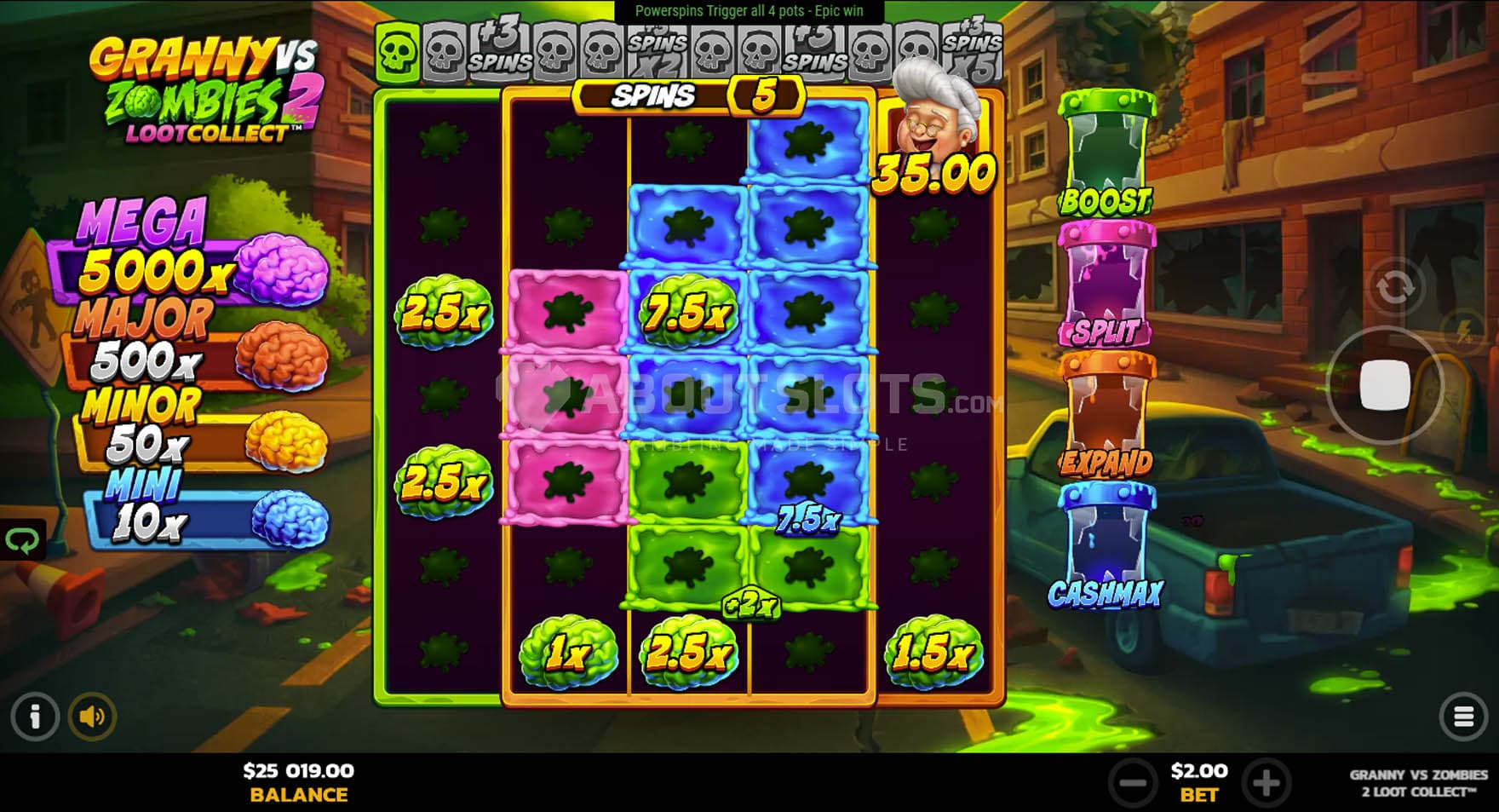 Power Spins bonus in progress, showing multiple cash symbols on the grid.