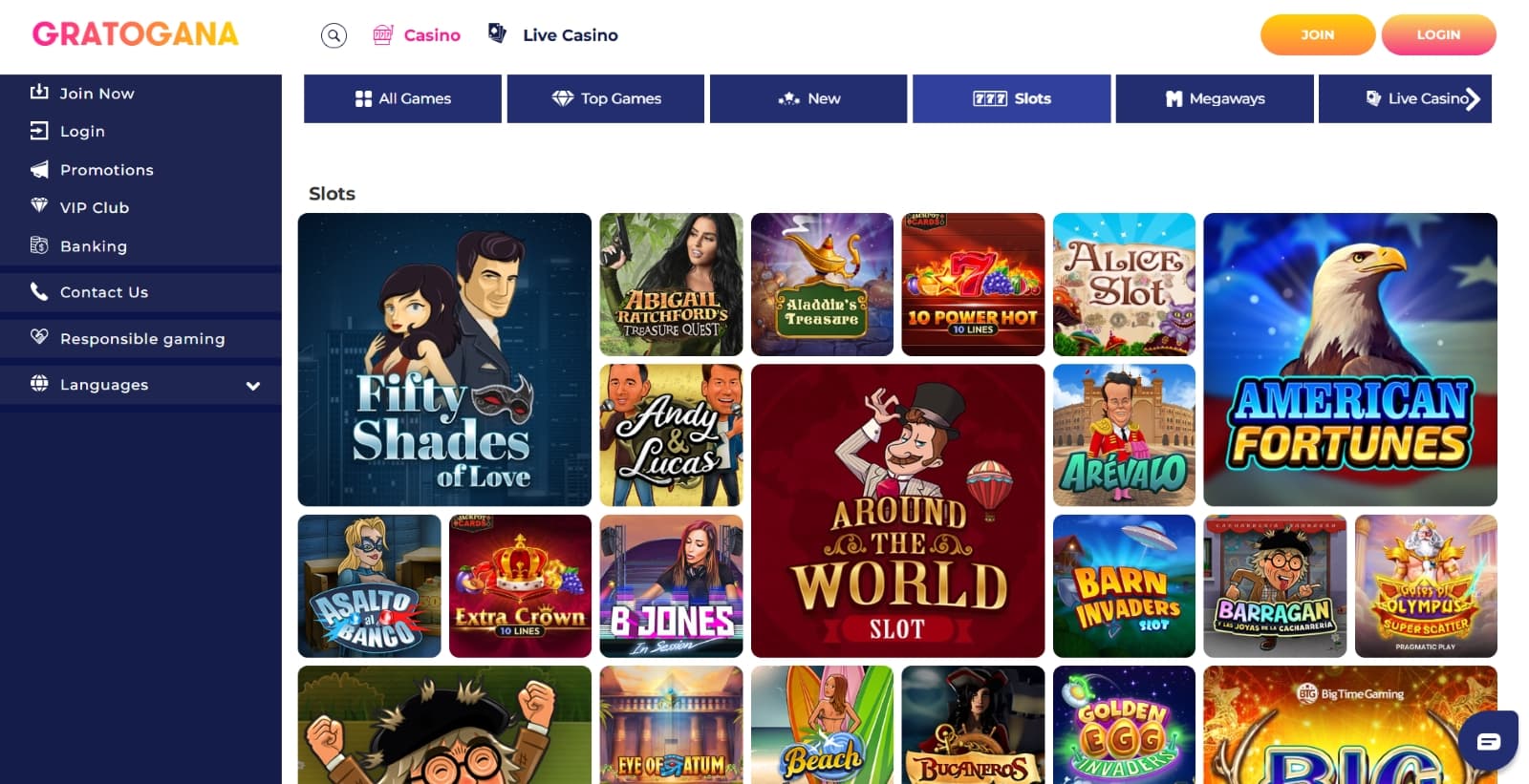Gratogana casino games page featuring slot games under blue tab category buttons