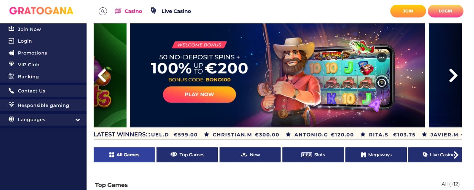 Gratogana casino landing page with welcome bonus of 200 eur over image of Big Bass Bonanza slot character