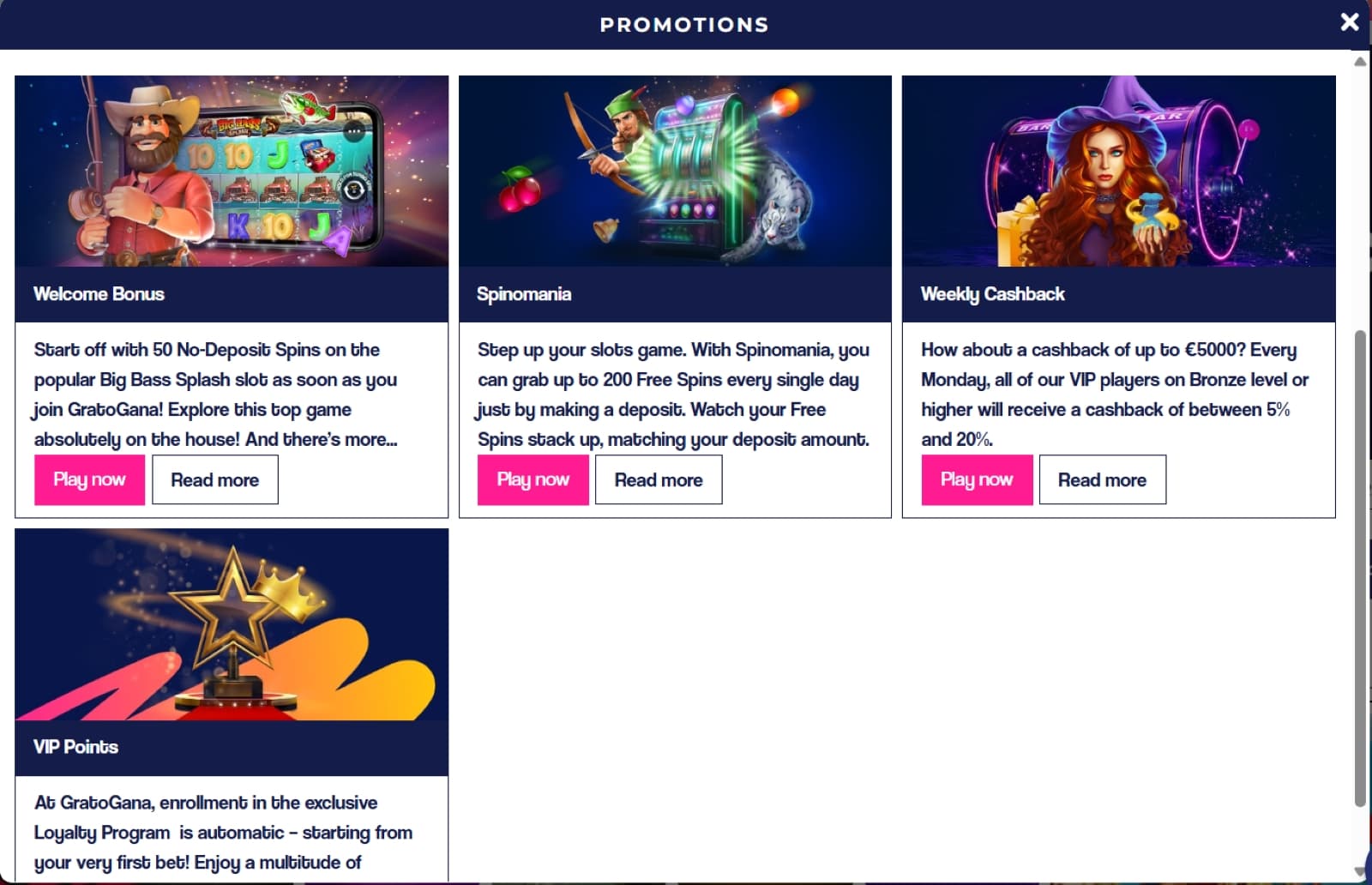 Gratogana casino promotions page with welcome no deposit bonus, weekly cashback and free spins