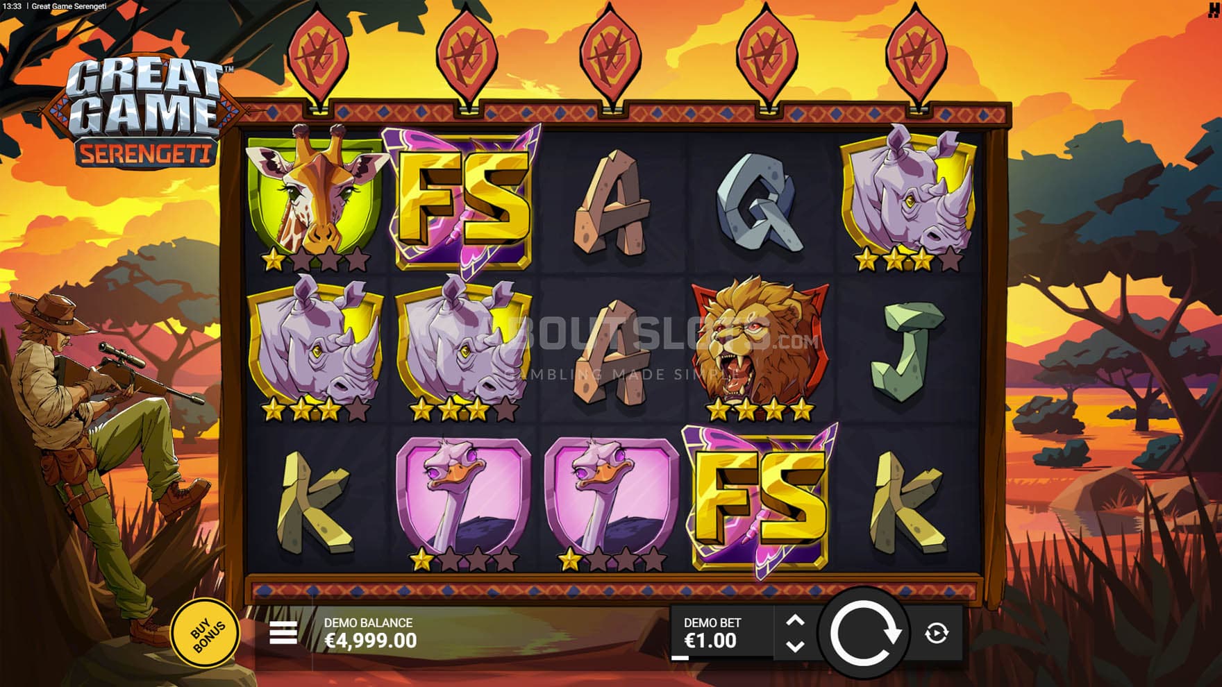 Screenshot of the base game, with a 5x3 grid on a backdrop of a cartoony savannah at sunset.