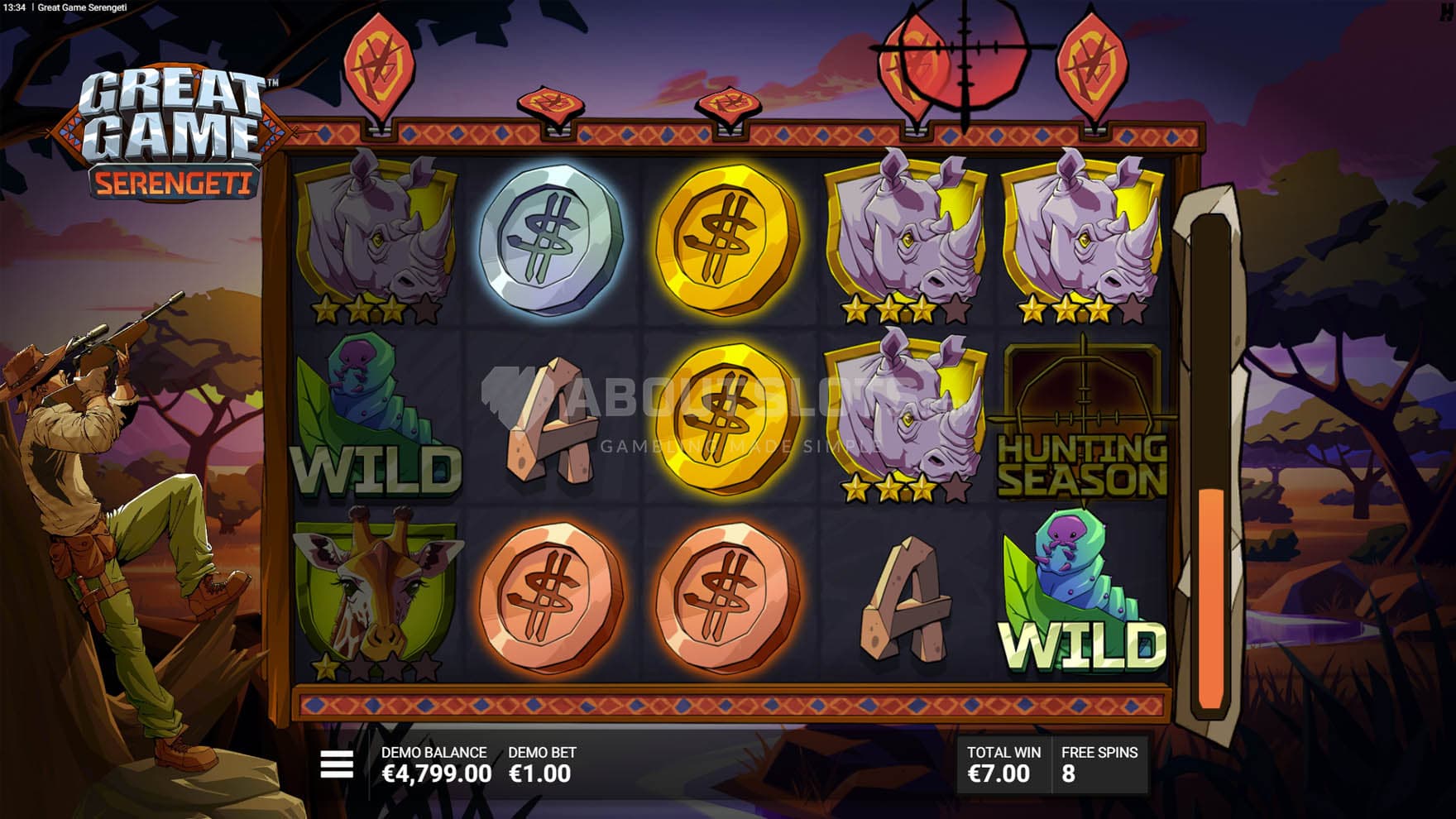 Screenshot of the Roaring Reign Bonus in progress, showing multiple high symbols transforming into coins with cash prizes.