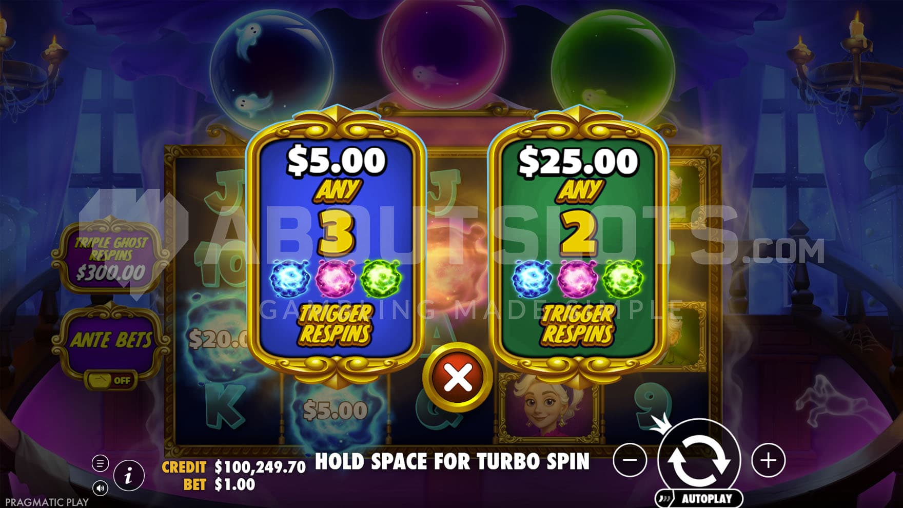 Ante Bet menu displaying two options for enhanced spins.