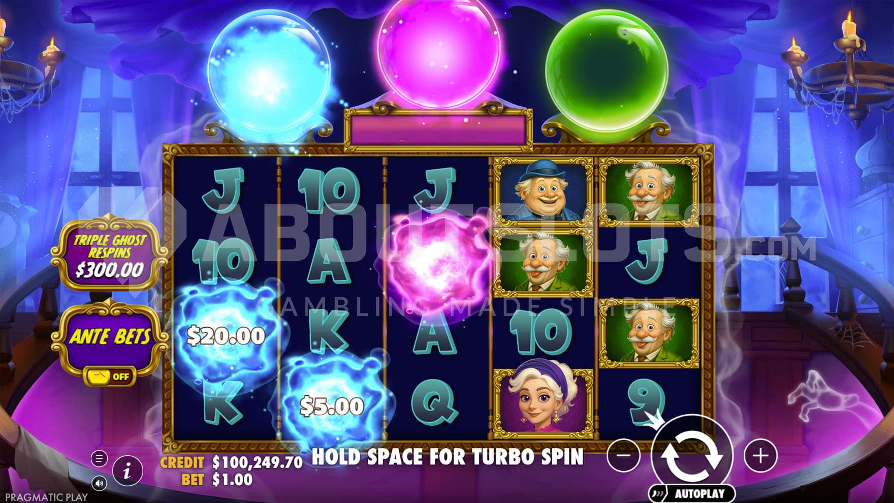 Base Game view of a 5x4 grid on a backdrop of a cartoony haunted mansion.