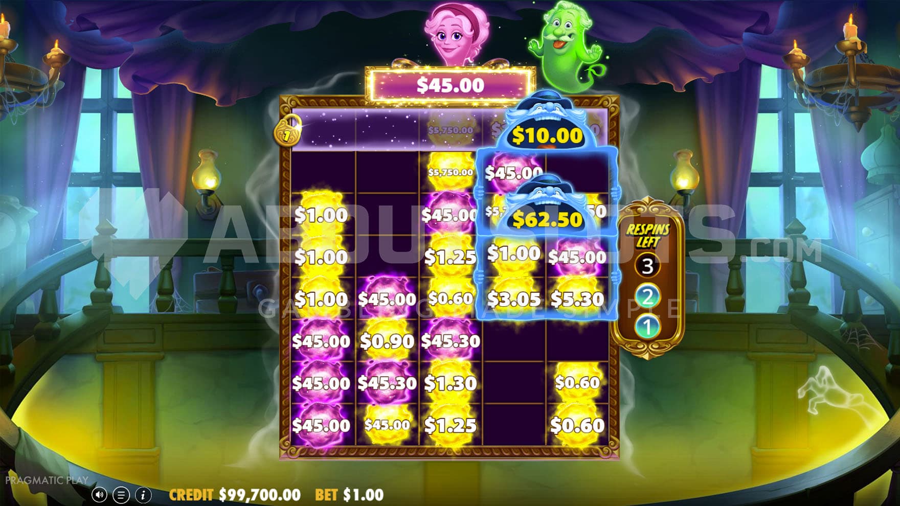 Ghost Respin Feature in progress, showing multiple cash prizes locked on the grid.