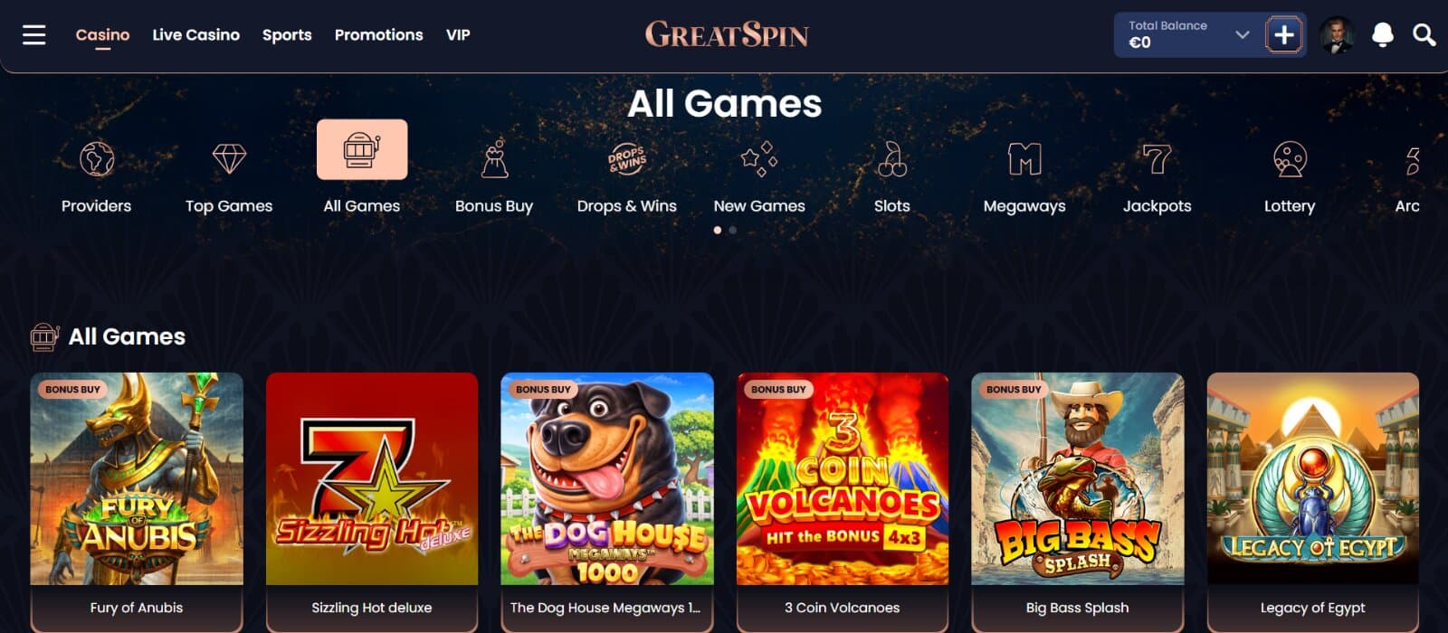 GreatSpin Casino games page featuring the slots and table game icons under the main category tabs
