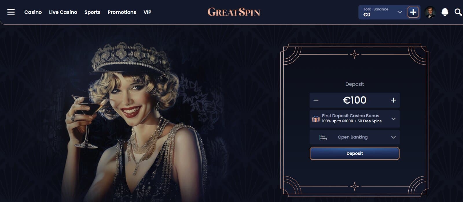 GreatSpin Casino landing page featuring the deposit form and image of model from the 20s , under navigation top bar