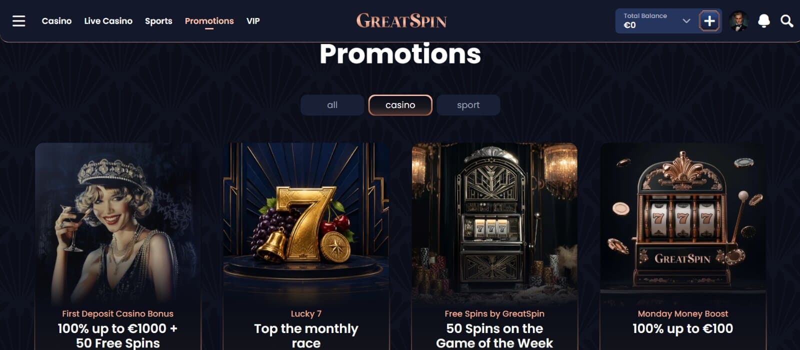 GreatSpin Casino promotions page featuring the welcome bonus, monthly races, free spins, weekly reload bonuses, and other promos with respective images