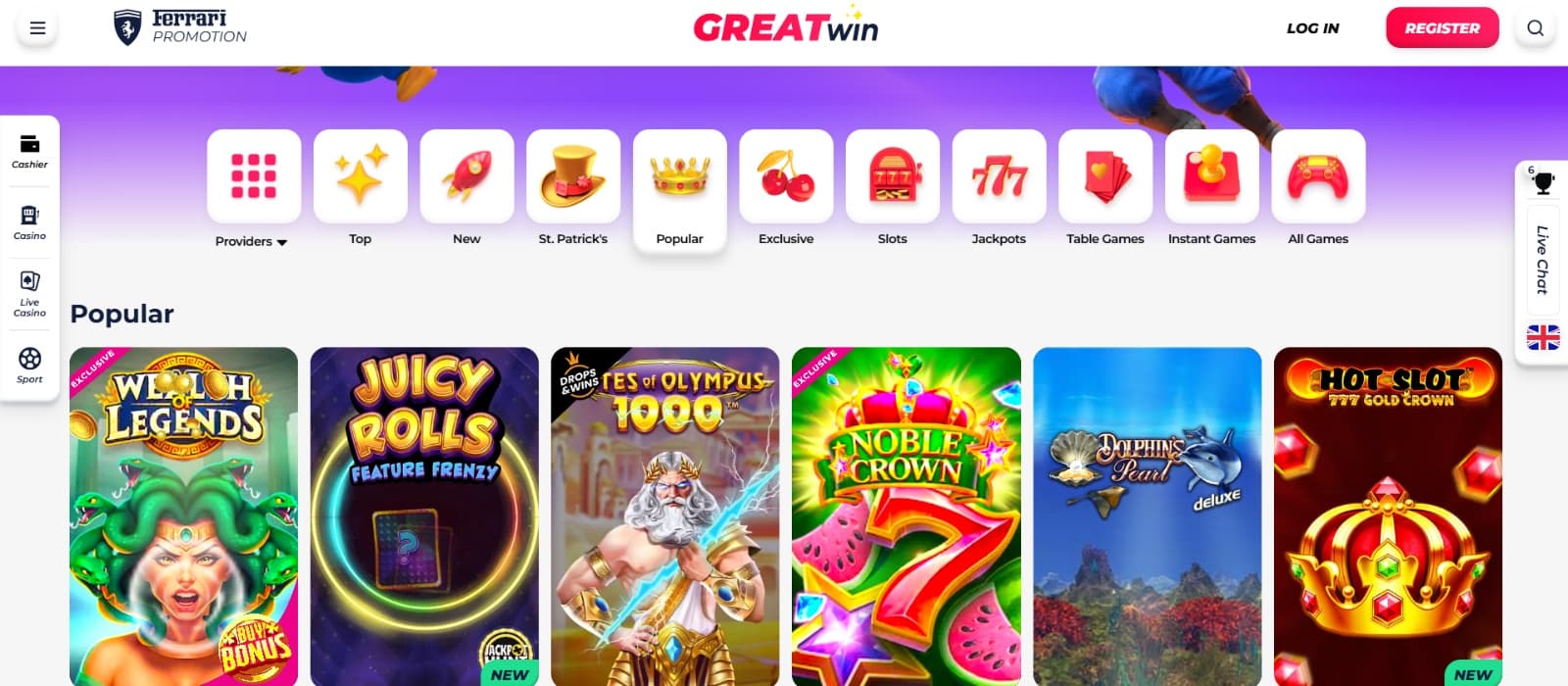 GreatWin Casino games page with Medusa and 777 fruits slot titles