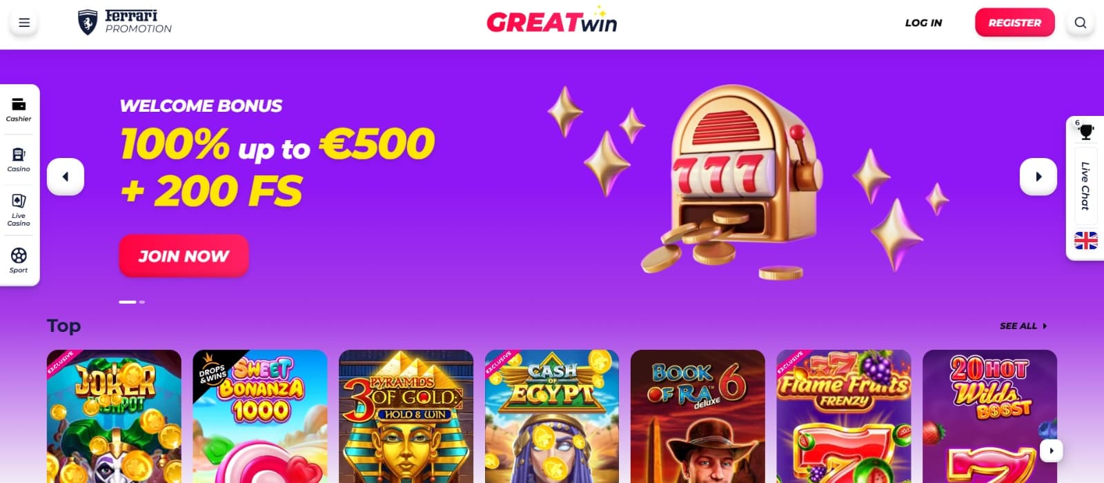 GreatWin Casino Landing page with golden 777 slot machine against purple background