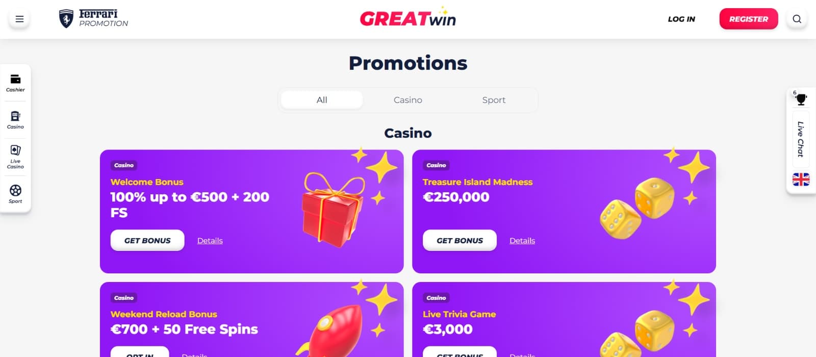 GreatWin Casino promotions page with welcome bonus, cashback and reload deals