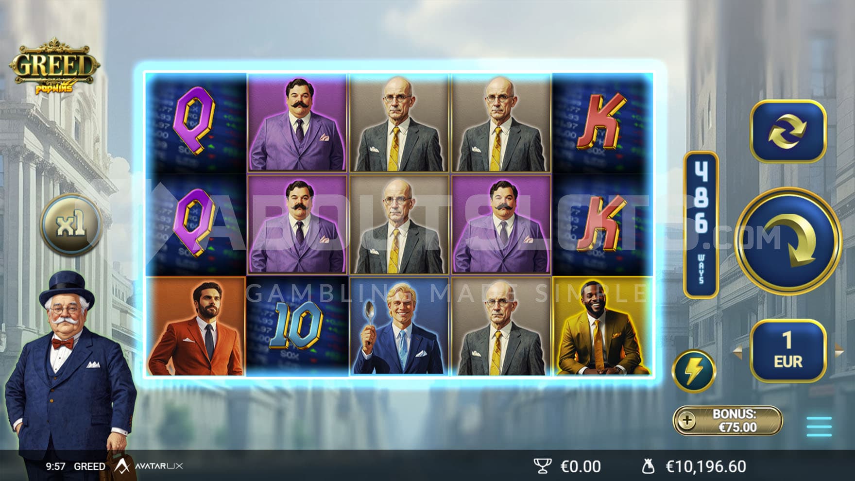 Base Game view of a 5x3 grid on a backdrop of a city street with an elderly banker standing on the left.