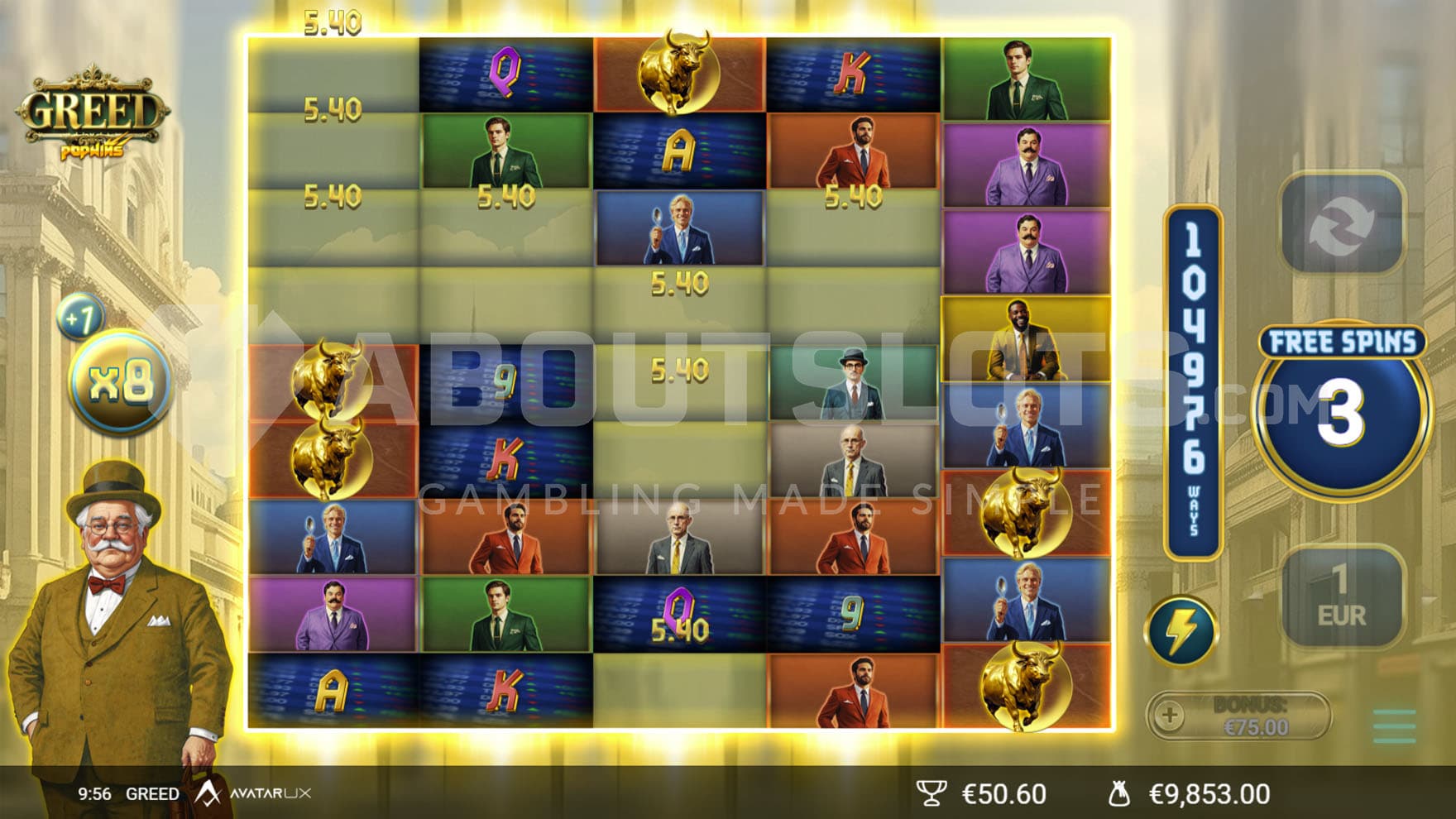 Free Spins bonus in progress, showing multiple reels increased in size and a PopWin including multiple symbols happening.
