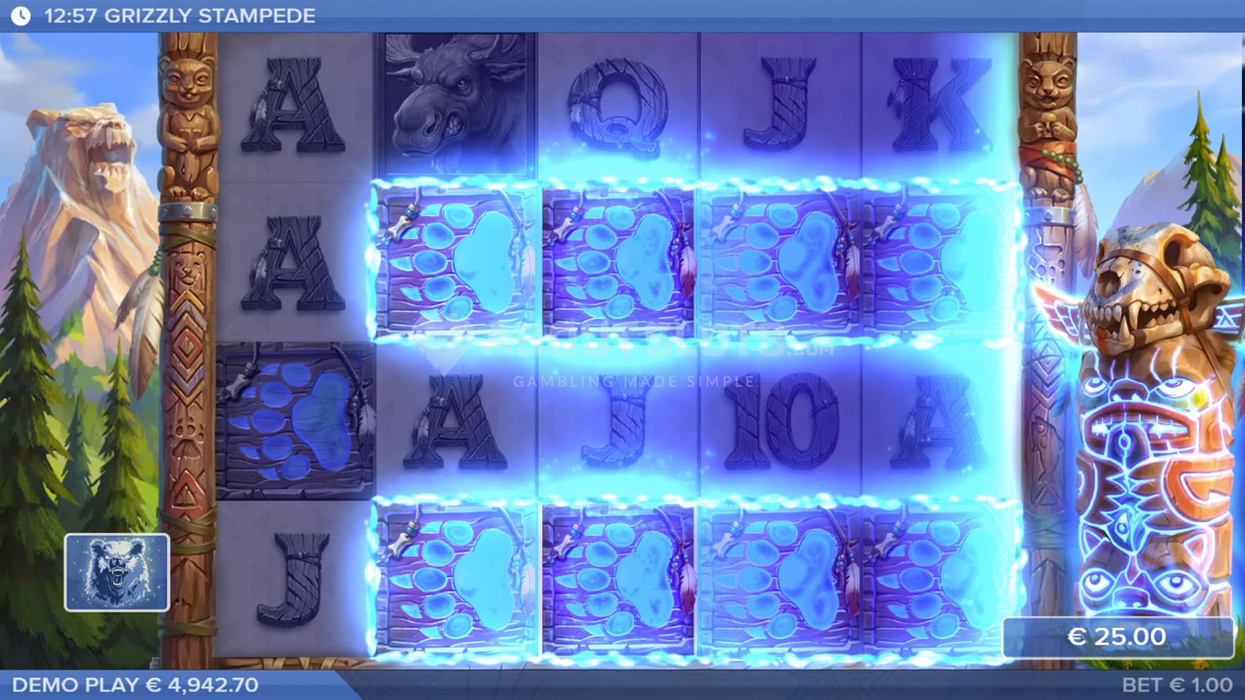 Screenshot of the Stampede feature triggered in the base game, converting multiple positions into the top-paying symbol.