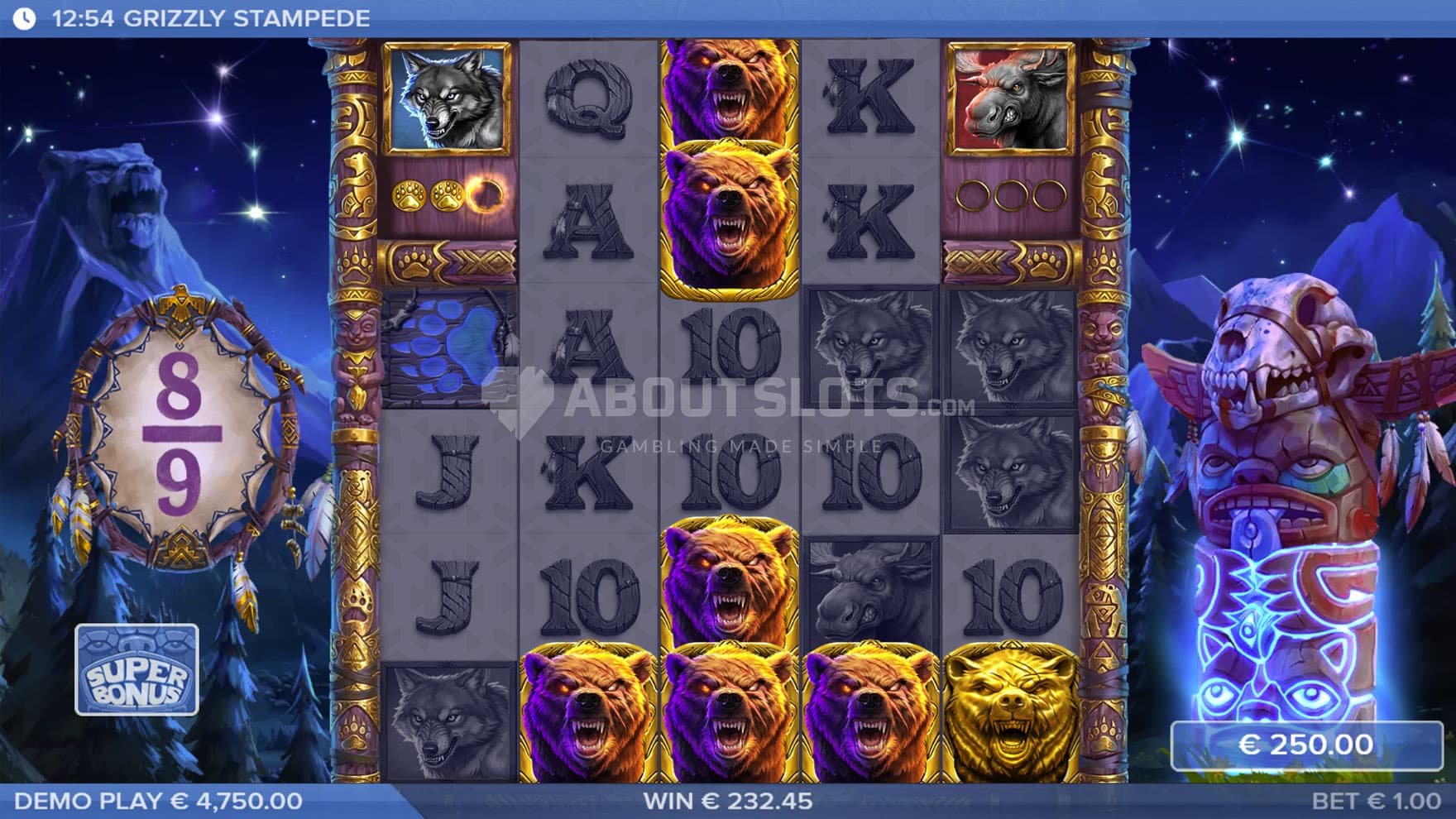 Screenshot of the Super Bonus Game in progress, showing multiple high symbols converted into raging Grizzly symbols.