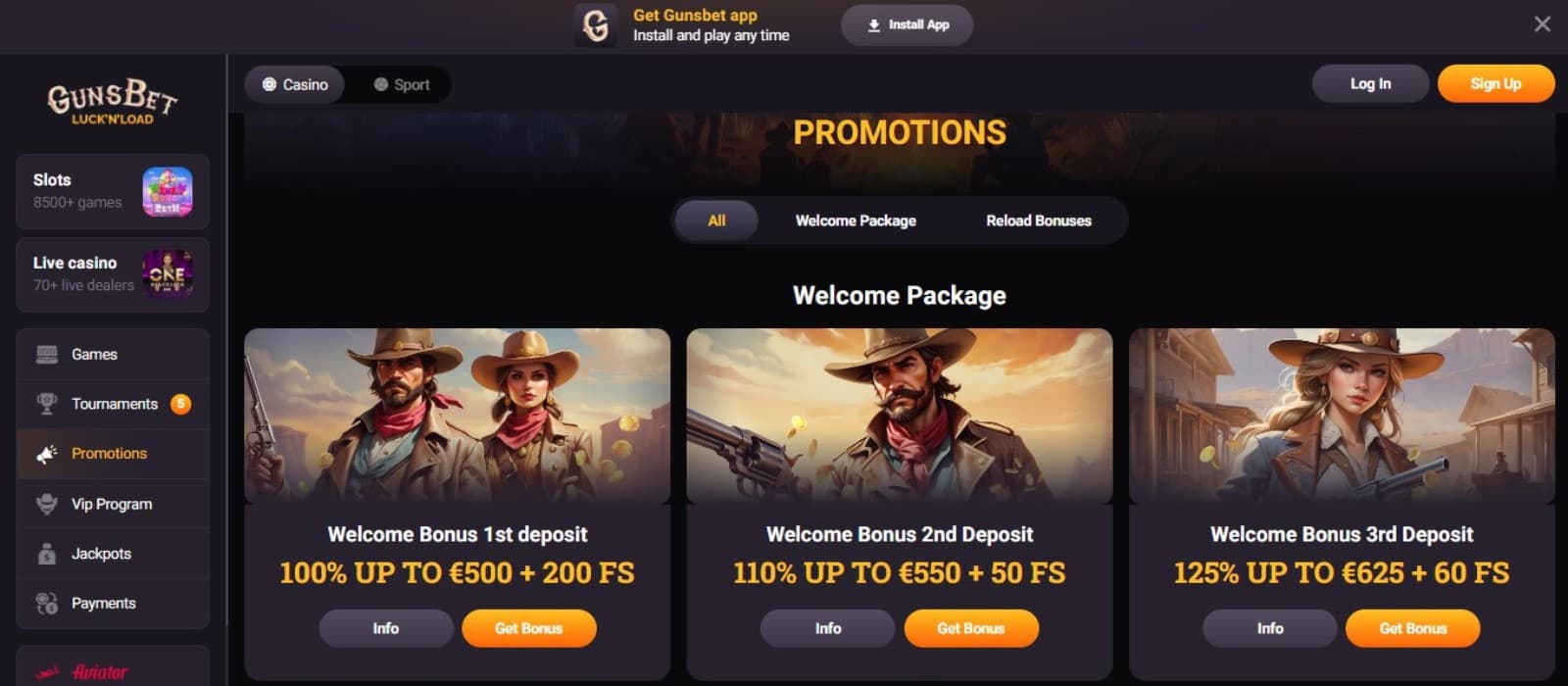GunsBet Casino's promotions page, showing the triple welcome bonuses and a sidebar menu.