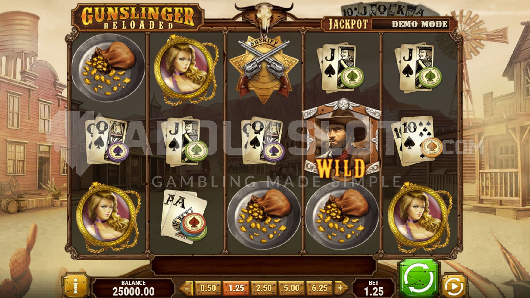 Base Game view of a 5x3 grid on a backdrop of a small town in the Wild West.