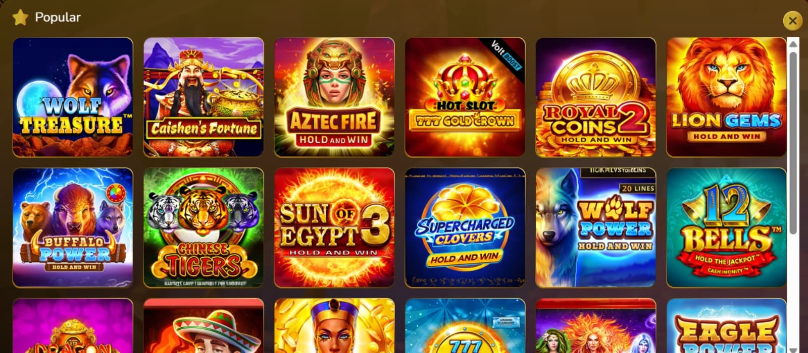 GW Casino games section with popular slots Wolf Treasure, Aztec Fire and Lion Gems