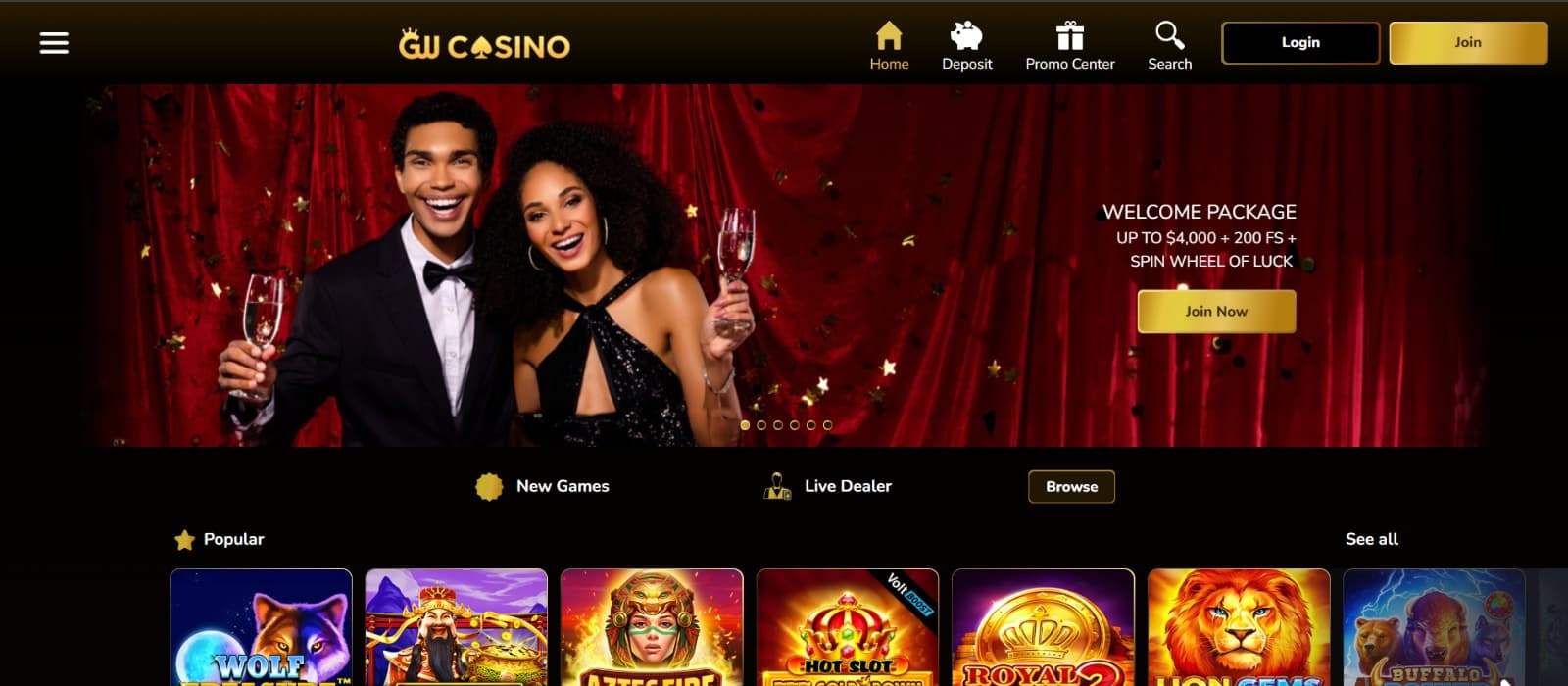 GW Casino home page with welcome bonus banner and slot and live game categories