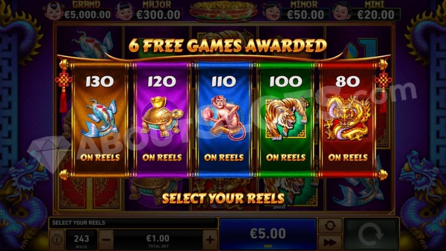 Intro to free games with an option to choose between five different symbols.