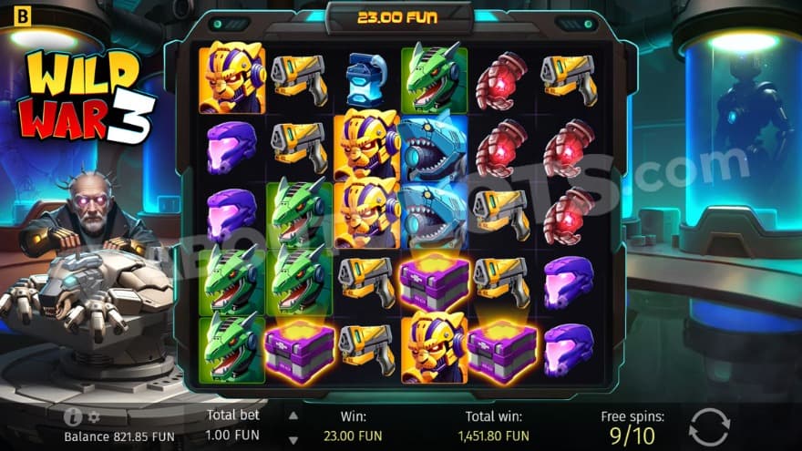 Free Spins bonus game with a scary scientist to the left.