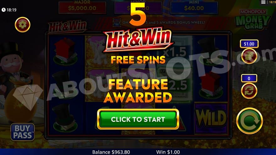 A text saying "5 Hit & Win Free Spins Feature Awarded."