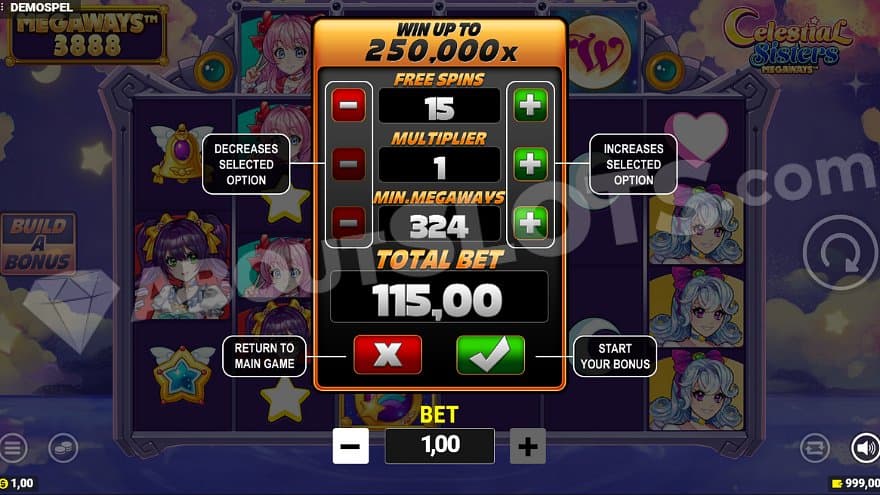 A menu selling the Free Spins letting the player choose number of spins, starting multiplier, and minimum ways to win.