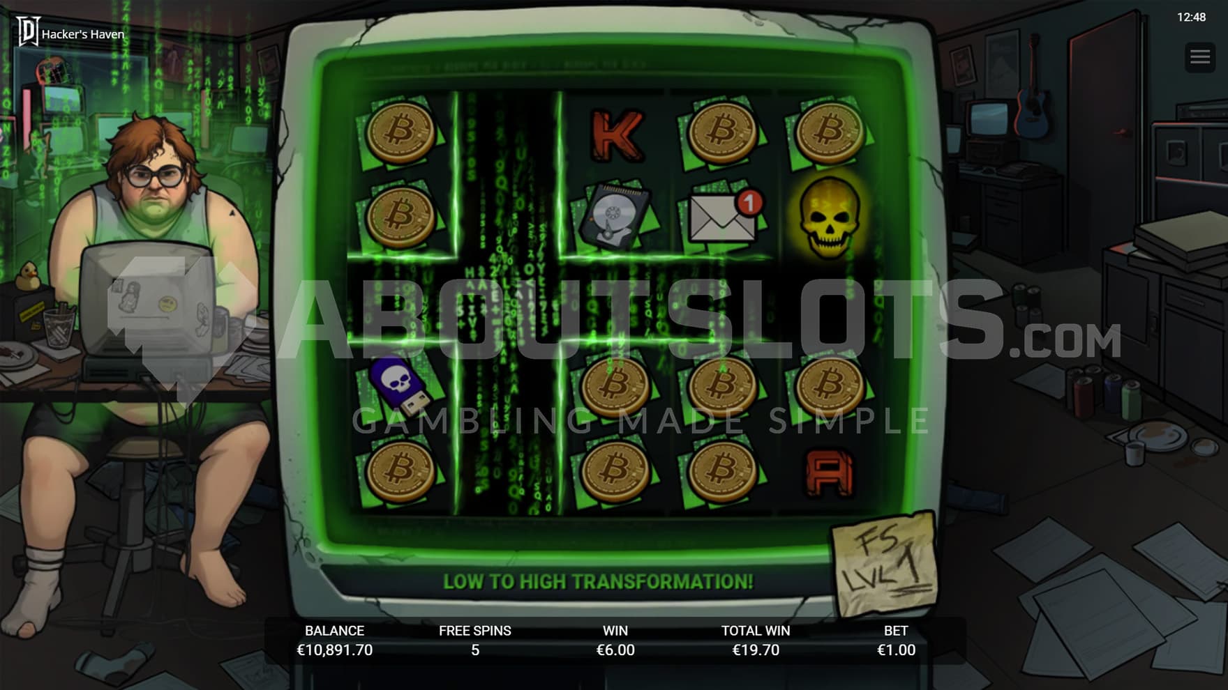 Access Granted Free Spins bonus in progress, showing a Virus symbol on reel 2 destroying other regular symbols in a cross pattern.