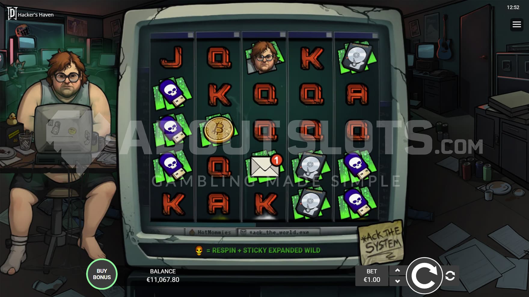 Base Game view of a 5x5 grid in a monitor frame, on a background of a messy apartment with a hacker sitting on the left.