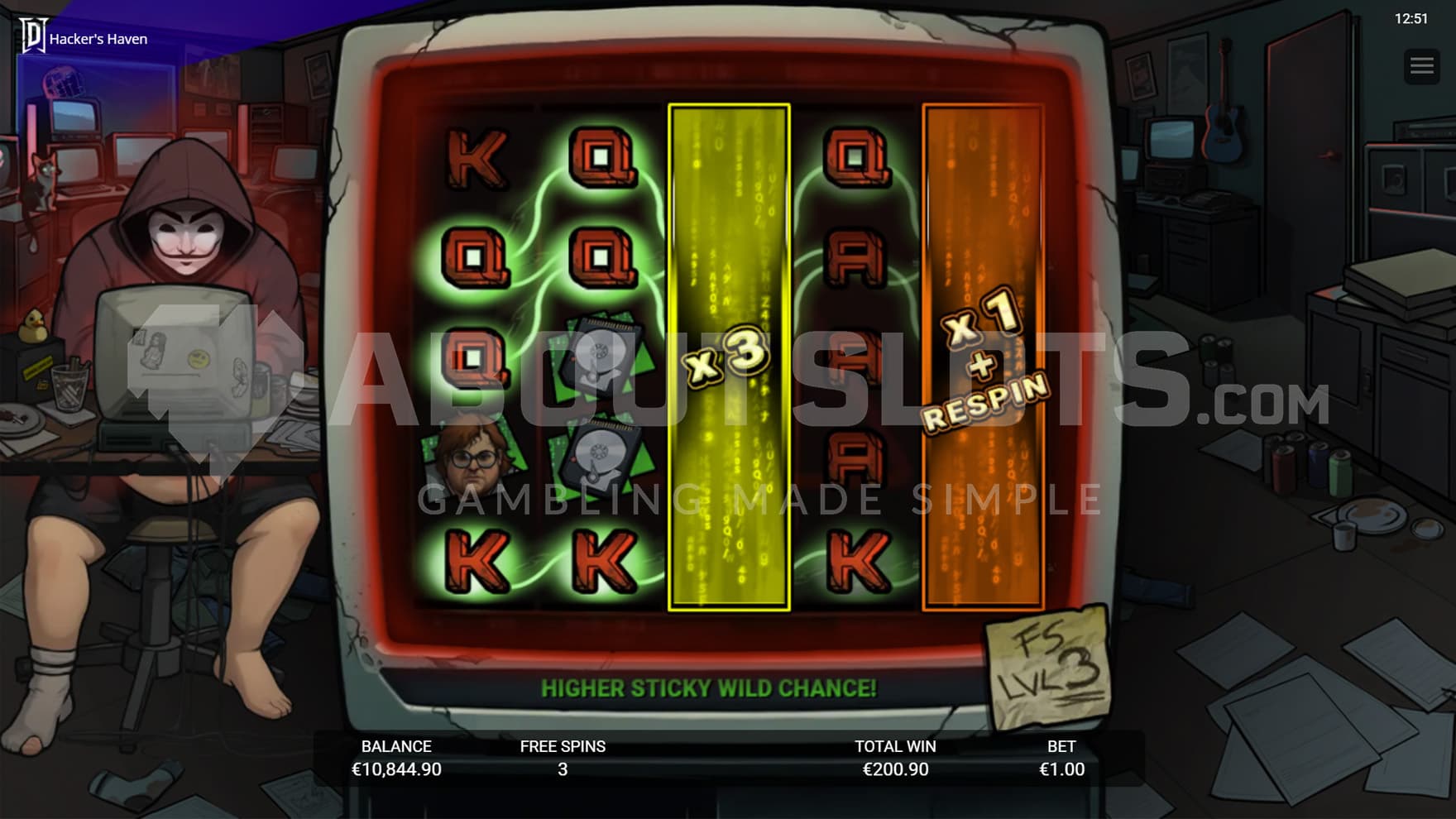 Hacker's Haven Free Spins bonus in progress, showing reels 3 and 5 with Multiplier Wilds.