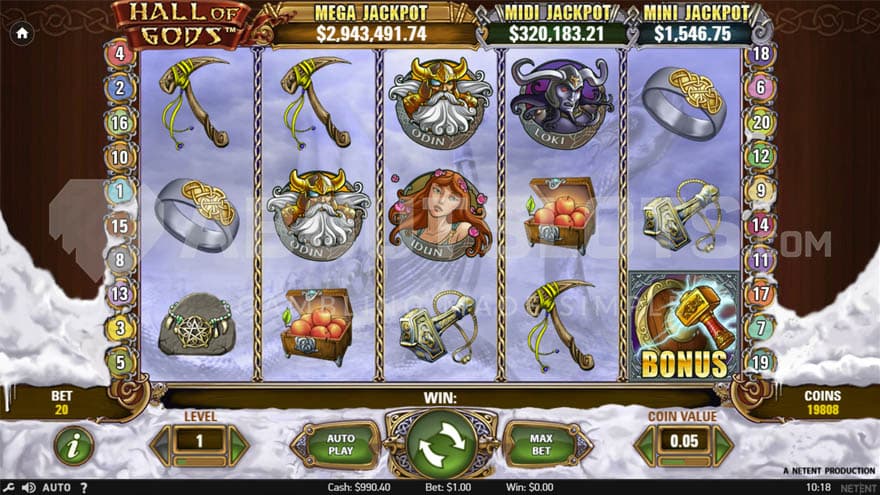 Hall of Gods slot base game showing a 5x3 grid with a mix of low and high-value symbols.