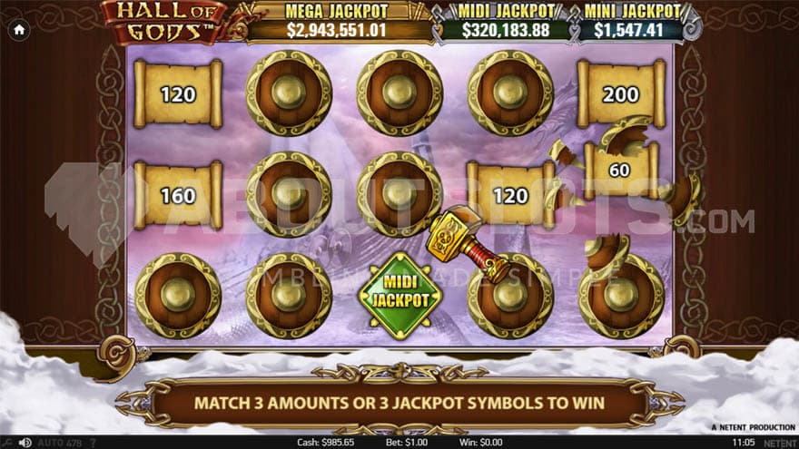 Hall of Gods jackpot bonus game showing different coin prizes and a Midi jackpot.