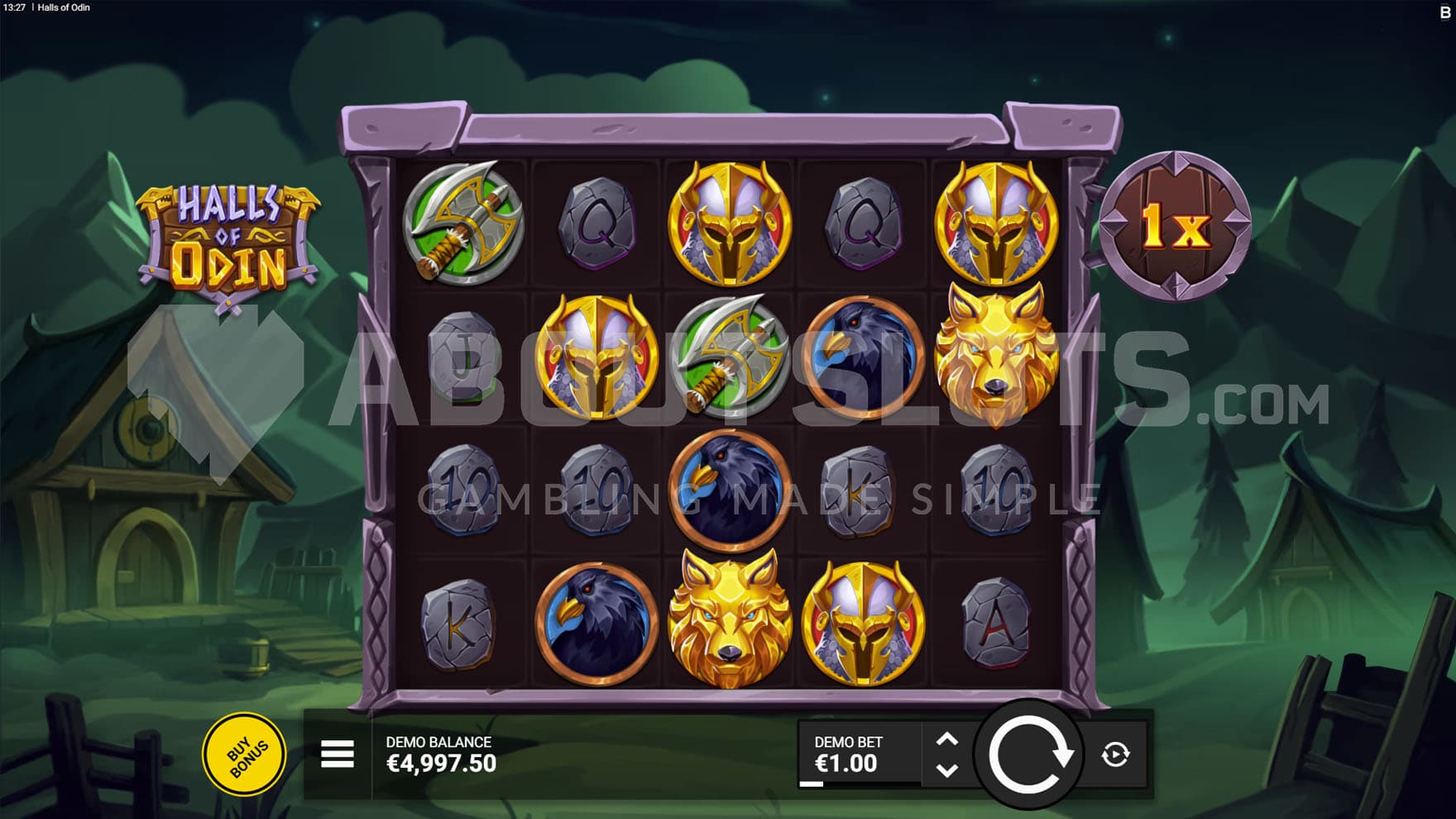 Base Game view of a 5x4 grid on a backdrop of a Viking village.