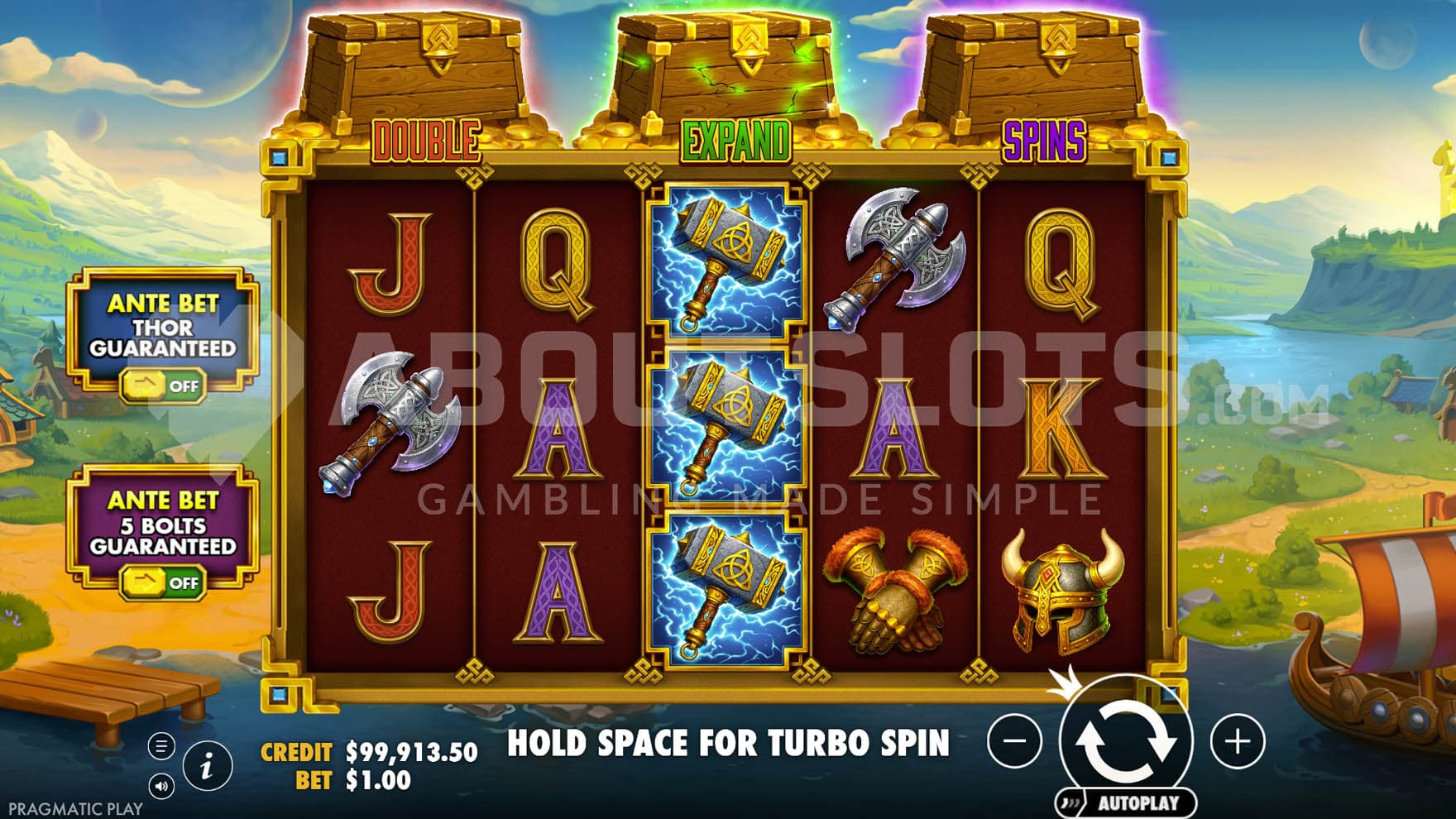 Base Game view of a 5x3 grid on a backdrop of a cartoon natural landscape.