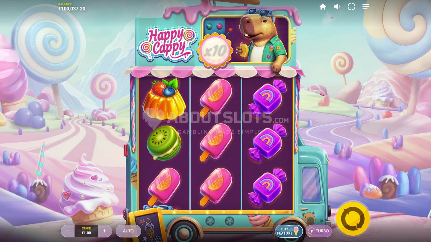 Screenshot of the base game, showing a 3x3 grid fitted into an ice cream truck on a backdrop of a candy land.